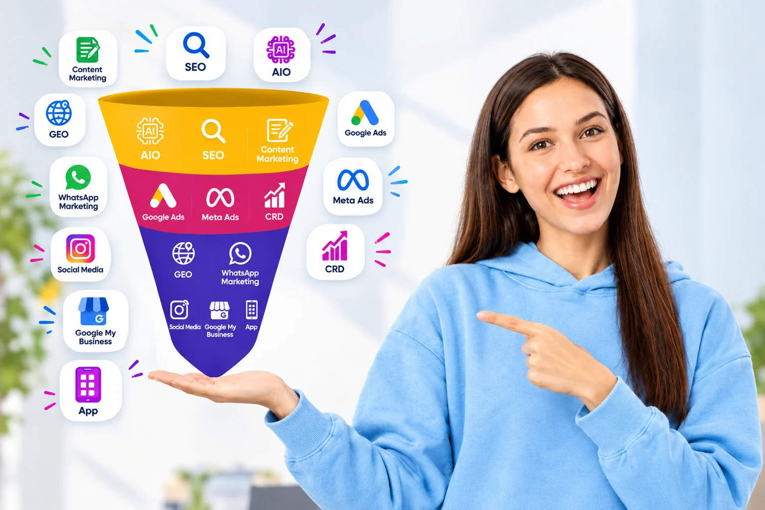 Digital Elite 360 marketing funnel covering SEO, GEO, AIO, Google Ads, Meta Ads, WhatsApp, social media and app marketing