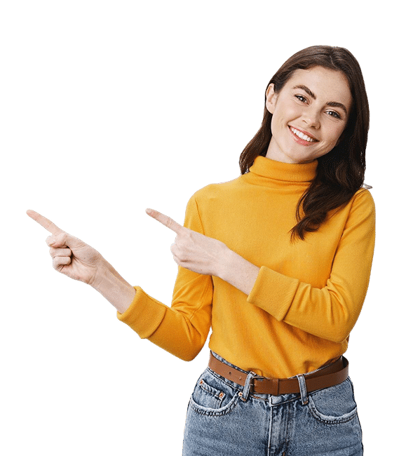 Smiling woman pointing towards the benefits of link building services